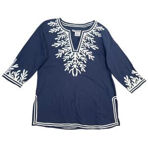 Gretchen Scott Navy Blue Reef Embroidered Cotton Poplin Tunic sz S Beach Coverup